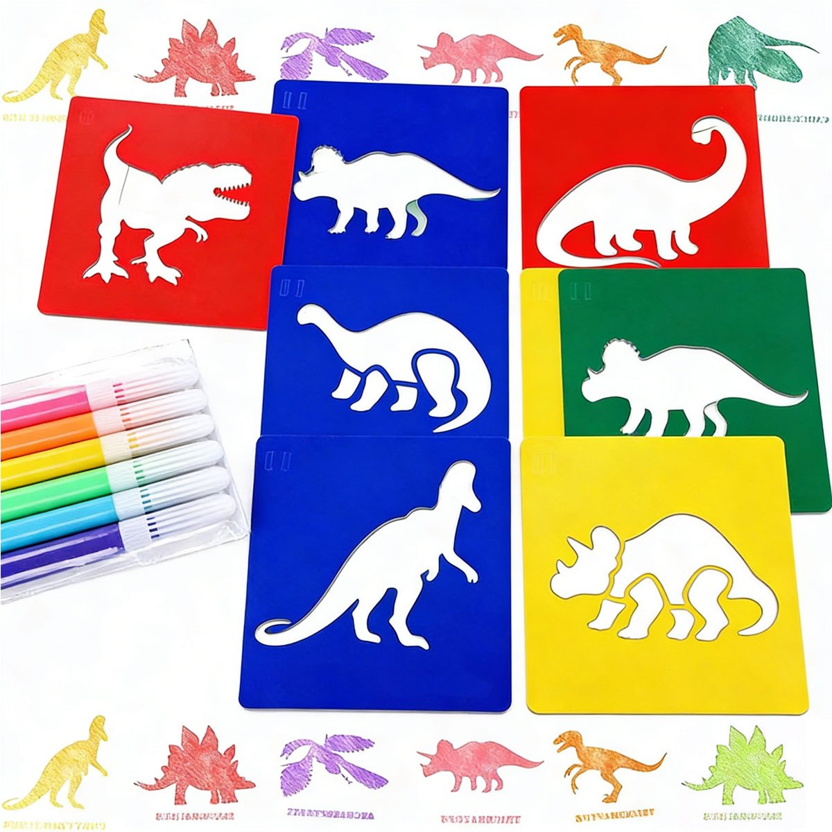 6Pcs 미니 마커가있는 6Pcs 공룡 그림 스텐실 세 - Art Craft Dinosaurs 리뷰 및 가격